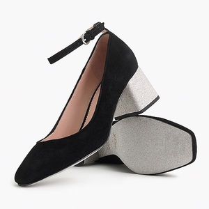 J.Crew Celia Pump in black suede with silver heels